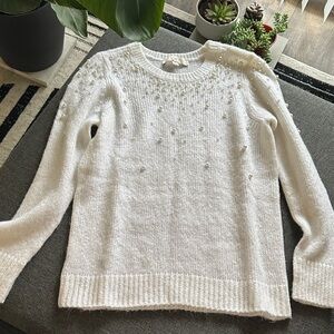 LOFT White Sweater with Pearl Accents